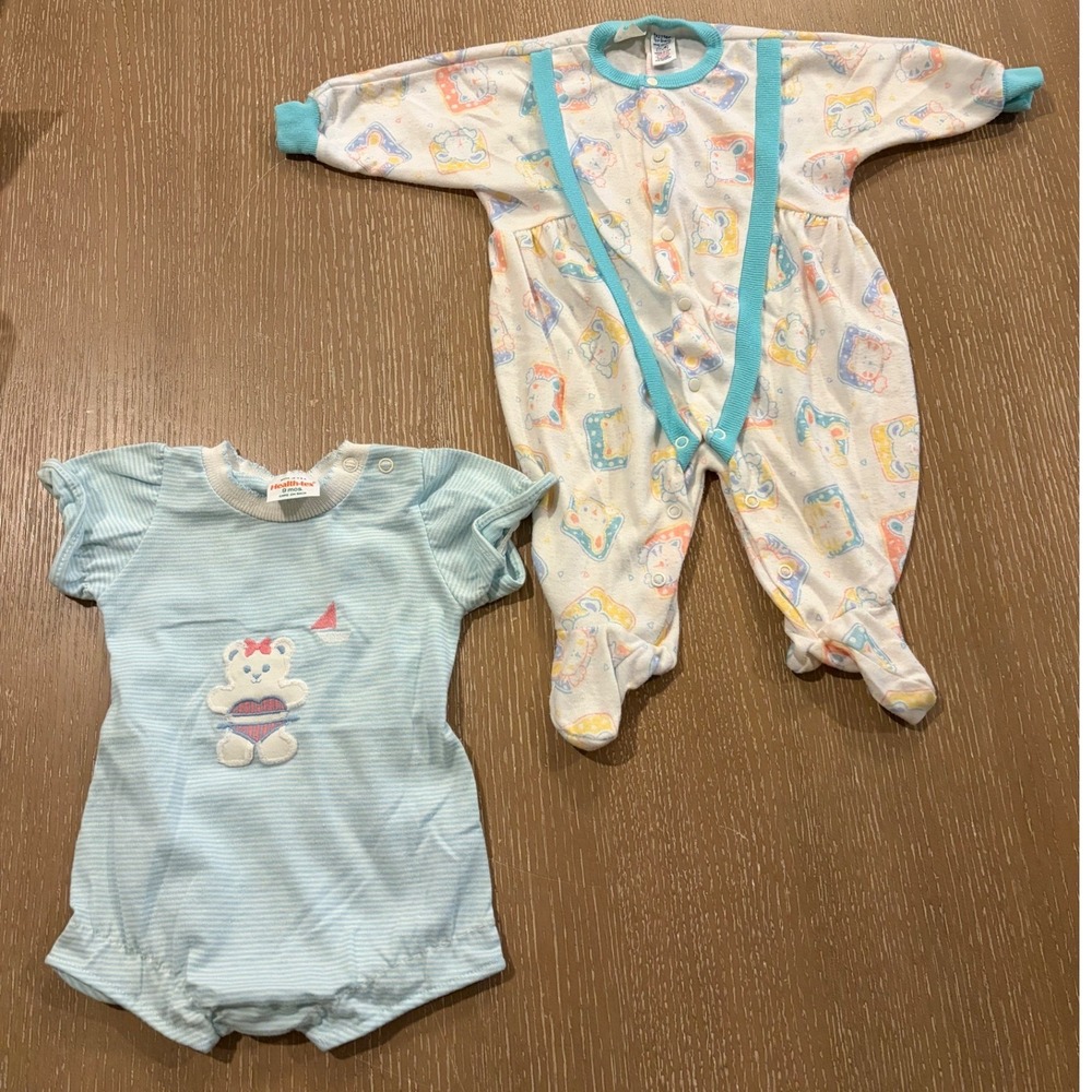 Vintage Buster Brown Health-Tex Baby 6-9 Mos Romper Sleeper Lot Teddy Bear Blue
